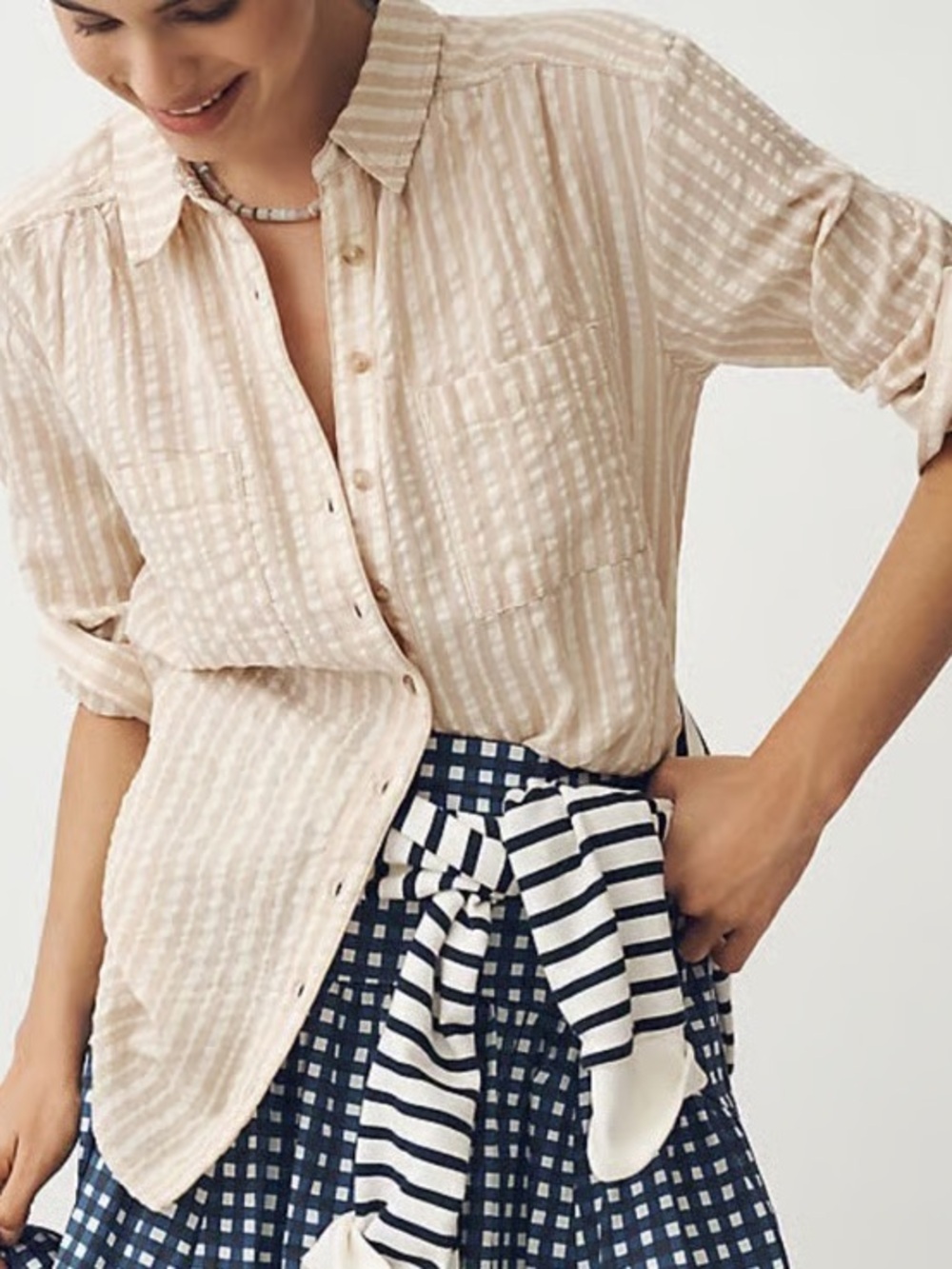 Pilcro XS Relaxed Fit Button-Up Striped Textured Shirt Lightweight Cotton Beige